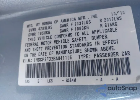 2011 Honda Accord 2.4 Lx z USA, uszkodzony, nr VIN 1HGCP2F32BA041105